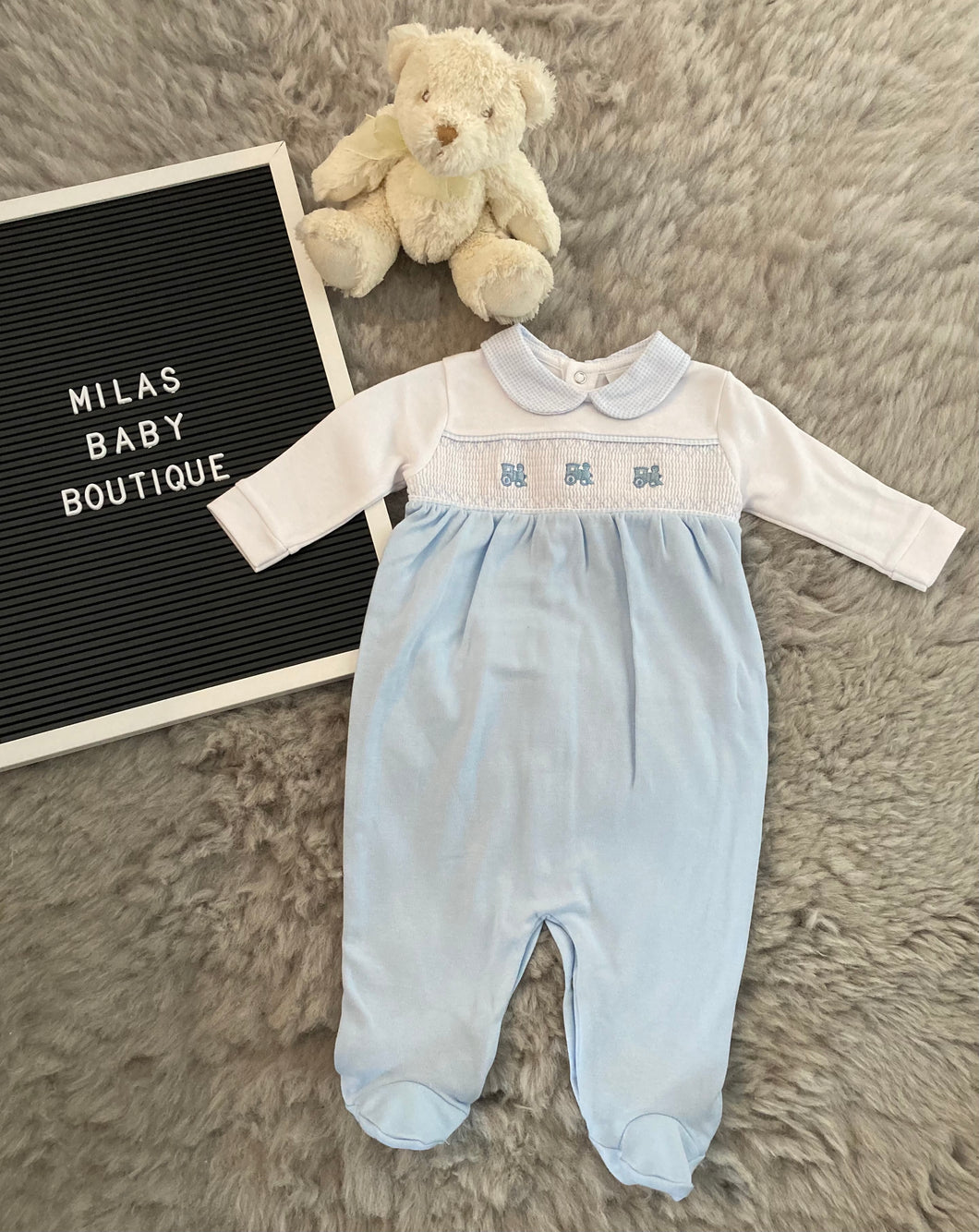 ‘Trains’ smocked sleep suit